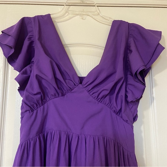 English Factory Purple Ruched Midi Dress with Flutter Sleeves - Picture 4 of 12